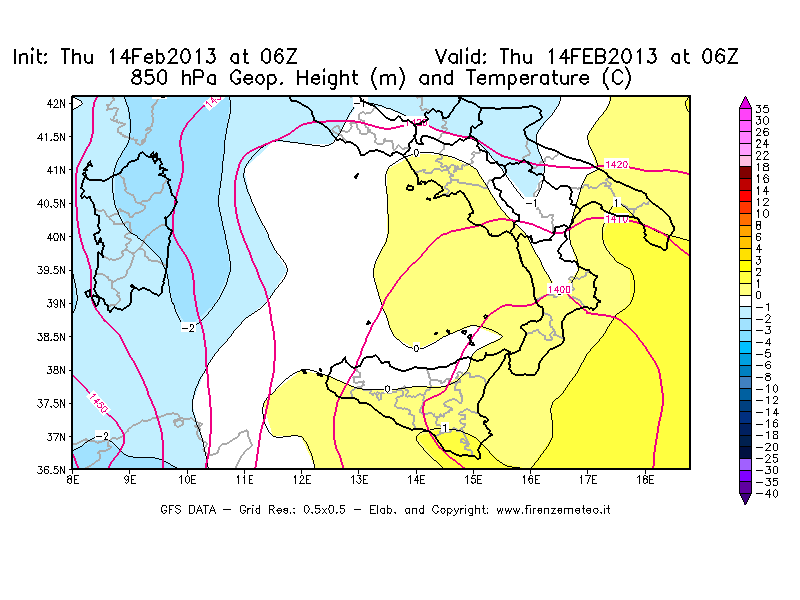 Mappa di analisi GFS - Geopotenziale [m] e Temperatura [°C] a 850 hPa in Sud-Italia
									del 14/02/2013 06 <!--googleoff: index-->UTC<!--googleon: index-->