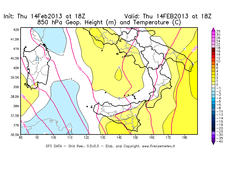 Mappa di analisi GFS - Geopotenziale [m] e Temperatura [°C] a 850 hPa in Sud-Italia
									del 14/02/2013 18 <!--googleoff: index-->UTC<!--googleon: index-->