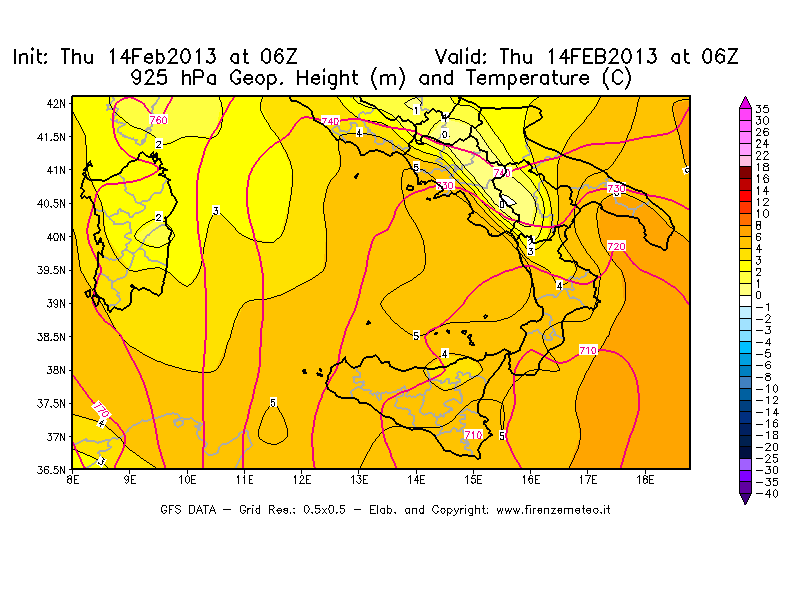 Mappa di analisi GFS - Geopotenziale [m] e Temperatura [°C] a 925 hPa in Sud-Italia
									del 14/02/2013 06 <!--googleoff: index-->UTC<!--googleon: index-->