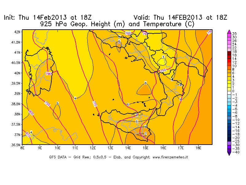 Mappa di analisi GFS - Geopotenziale [m] e Temperatura [°C] a 925 hPa in Sud-Italia
							del 14/02/2013 18 <!--googleoff: index-->UTC<!--googleon: index-->