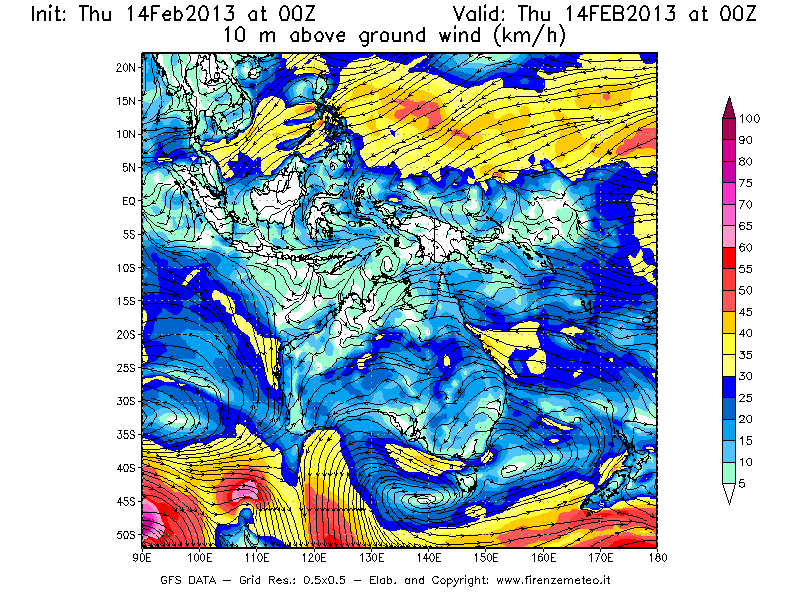 Mappa di analisi GFS - Velocità del vento a 10 metri dal suolo [km/h] in Oceania
									del 14/02/2013 00 <!--googleoff: index-->UTC<!--googleon: index-->