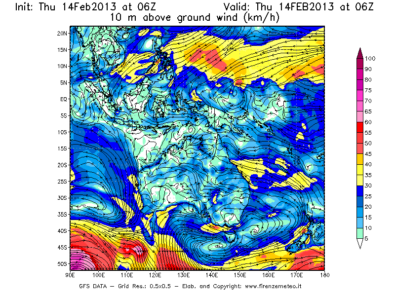 Mappa di analisi GFS - Velocità del vento a 10 metri dal suolo [km/h] in Oceania
							del 14/02/2013 06 <!--googleoff: index-->UTC<!--googleon: index-->