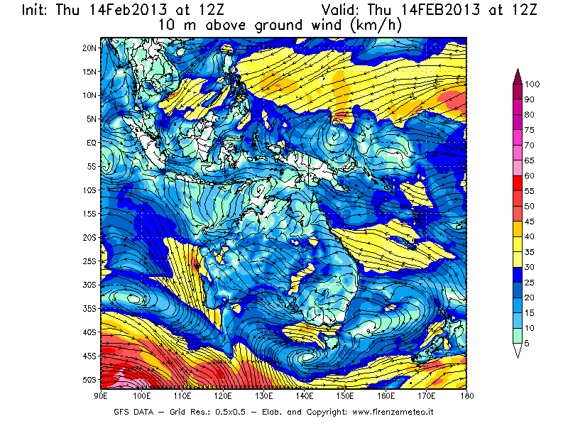 Mappa di analisi GFS - Velocità del vento a 10 metri dal suolo [km/h] in Oceania
									del 14/02/2013 12 <!--googleoff: index-->UTC<!--googleon: index-->