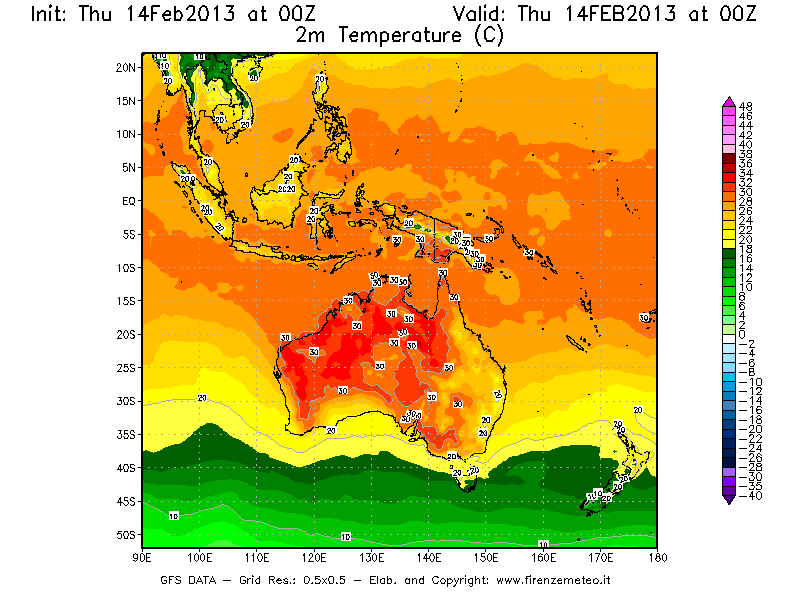 Mappa di analisi GFS - Temperatura a 2 metri dal suolo [°C] in Oceania
									del 14/02/2013 00 <!--googleoff: index-->UTC<!--googleon: index-->