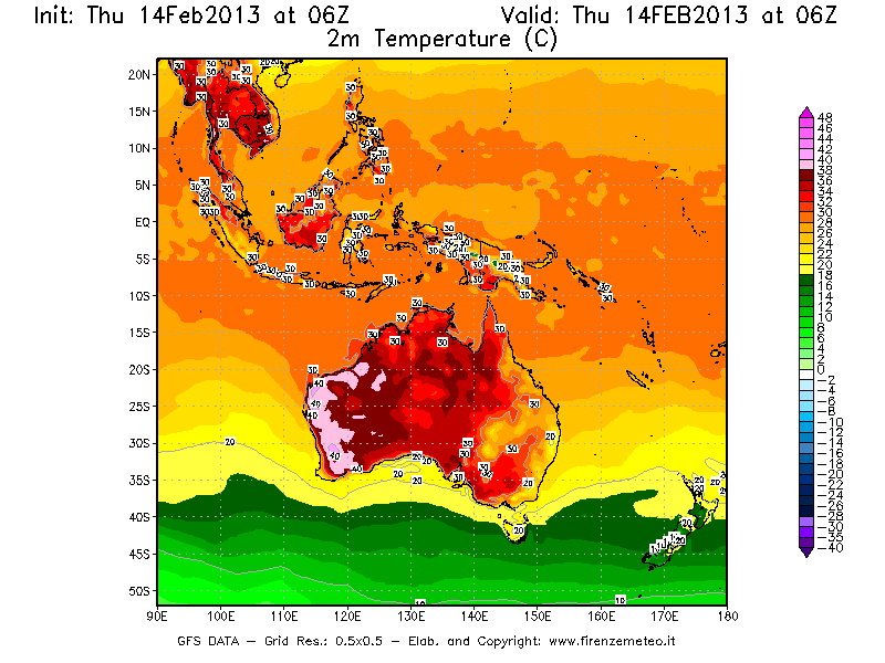 Mappa di analisi GFS - Temperatura a 2 metri dal suolo [°C] in Oceania
							del 14/02/2013 06 <!--googleoff: index-->UTC<!--googleon: index-->