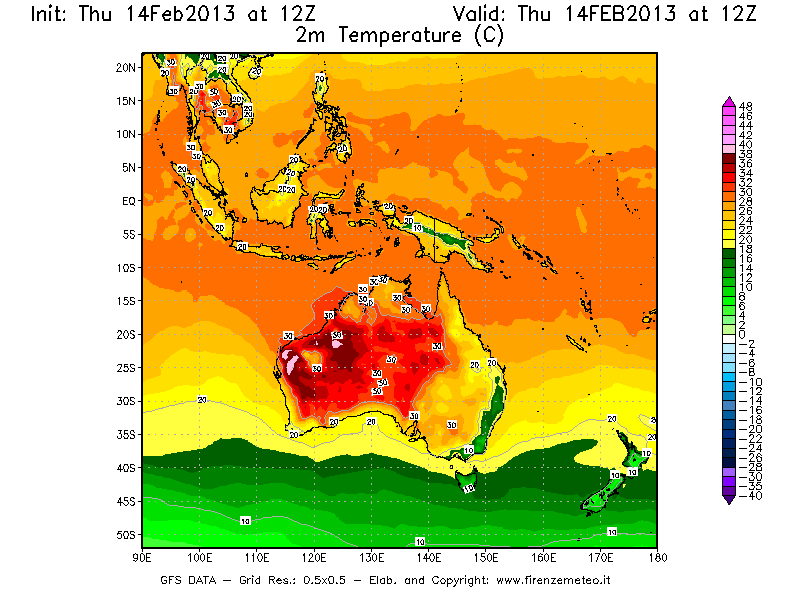 Mappa di analisi GFS - Temperatura a 2 metri dal suolo [°C] in Oceania
							del 14/02/2013 12 <!--googleoff: index-->UTC<!--googleon: index-->