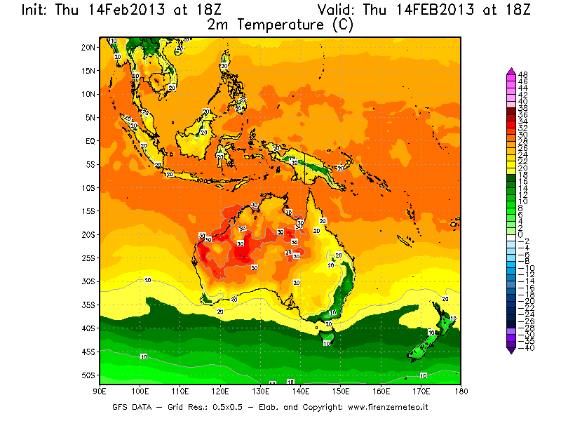 Mappa di analisi GFS - Temperatura a 2 metri dal suolo [°C] in Oceania
							del 14/02/2013 18 <!--googleoff: index-->UTC<!--googleon: index-->