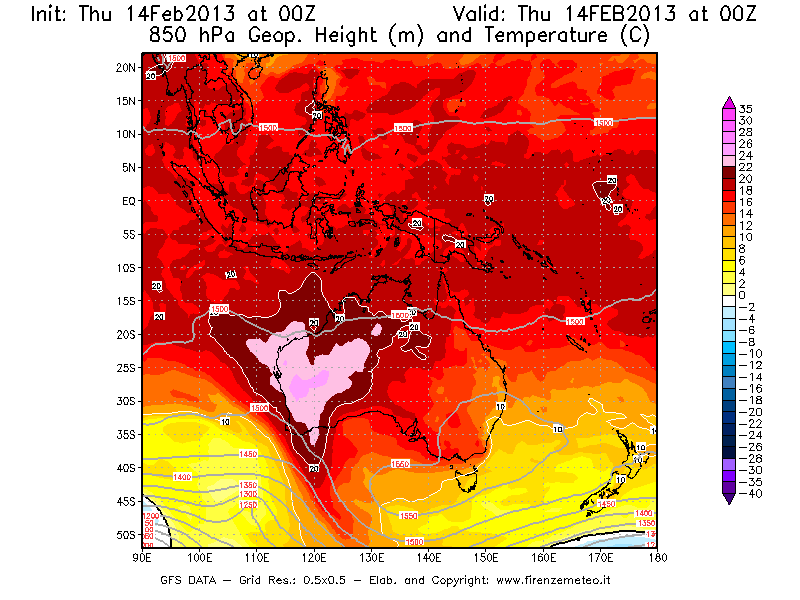 Mappa di analisi GFS - Geopotenziale [m] e Temperatura [°C] a 850 hPa in Oceania
							del 14/02/2013 00 <!--googleoff: index-->UTC<!--googleon: index-->