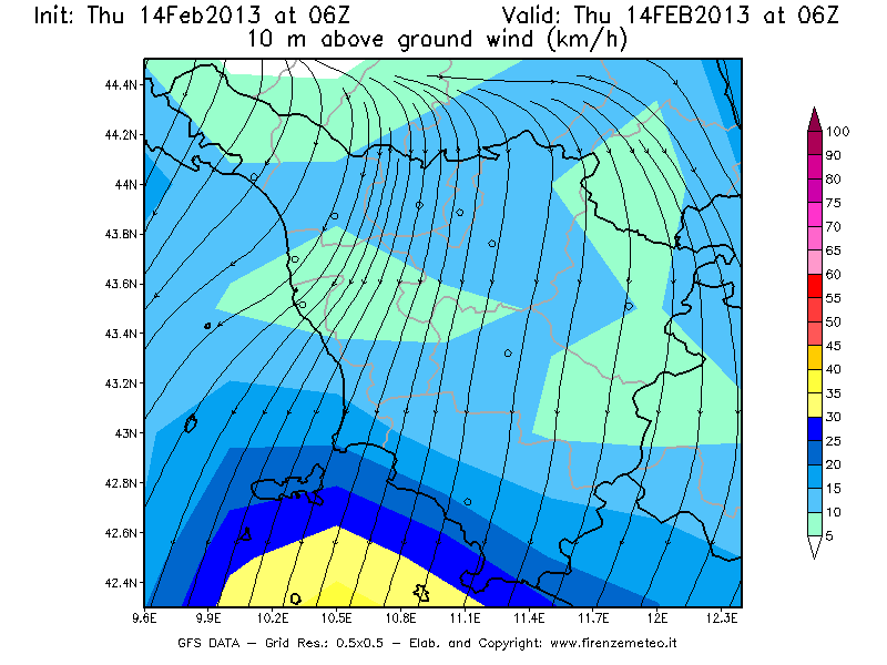Mappa di analisi GFS - Velocità del vento a 10 metri dal suolo [km/h] in Toscana
							del 14/02/2013 06 <!--googleoff: index-->UTC<!--googleon: index-->