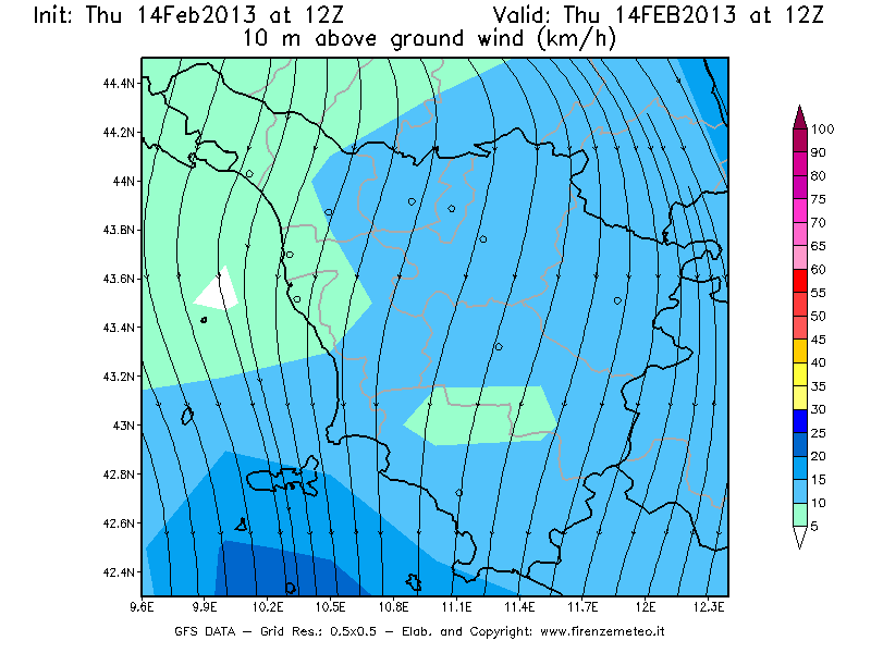Mappa di analisi GFS - Velocità del vento a 10 metri dal suolo [km/h] in Toscana
							del 14/02/2013 12 <!--googleoff: index-->UTC<!--googleon: index-->