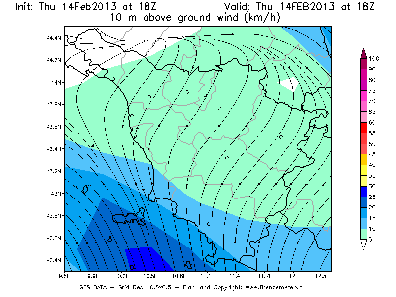 Mappa di analisi GFS - Velocità del vento a 10 metri dal suolo [km/h] in Toscana
									del 14/02/2013 18 <!--googleoff: index-->UTC<!--googleon: index-->