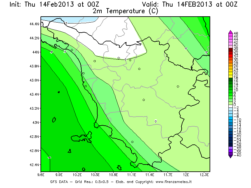 Mappa di analisi GFS - Temperatura a 2 metri dal suolo [°C] in Toscana
							del 14/02/2013 00 <!--googleoff: index-->UTC<!--googleon: index-->