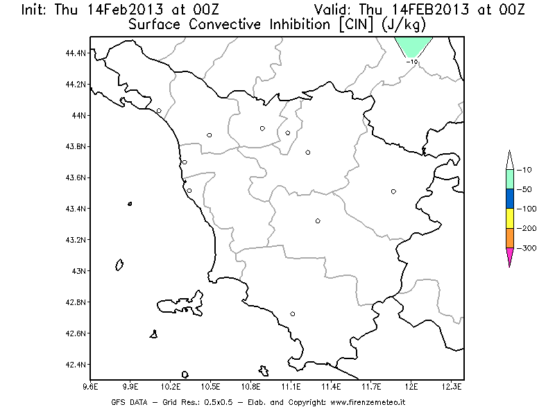 Mappa di analisi GFS - CIN [J/kg] in Toscana
							del 14/02/2013 00 <!--googleoff: index-->UTC<!--googleon: index-->