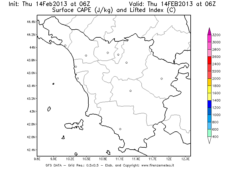 Mappa di analisi GFS - CAPE [J/kg] e Lifted Index [°C] in Toscana
							del 14/02/2013 06 <!--googleoff: index-->UTC<!--googleon: index-->