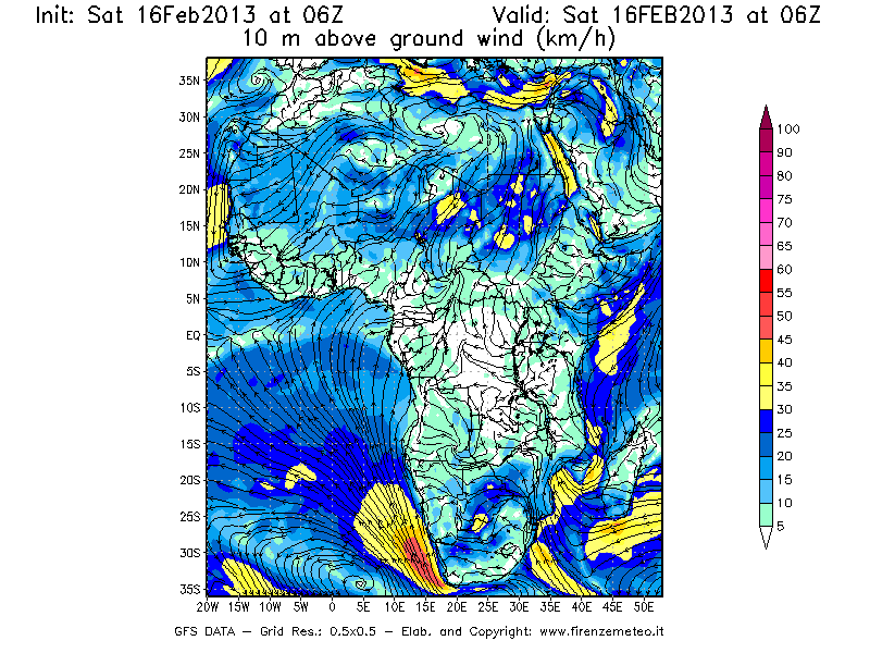 Mappa di analisi GFS - Velocità del vento a 10 metri dal suolo [km/h] in Africa
									del 16/02/2013 06 <!--googleoff: index-->UTC<!--googleon: index-->