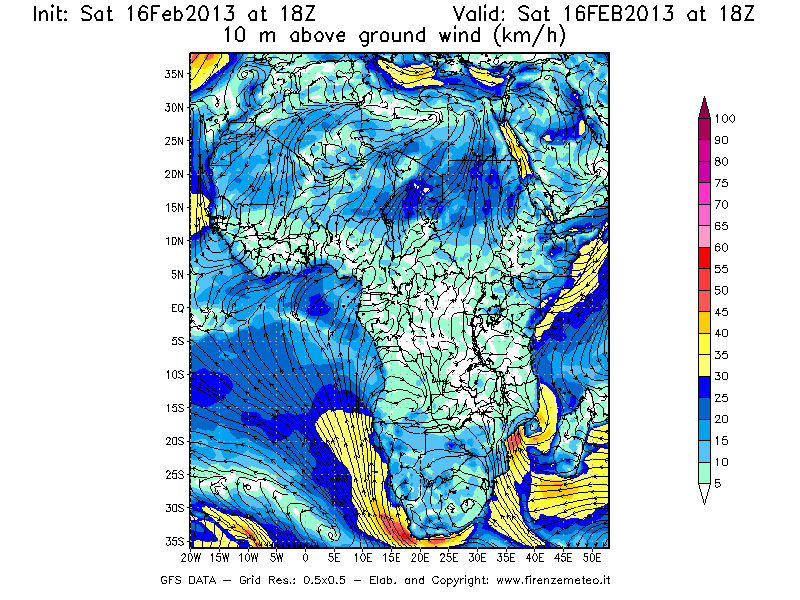 Mappa di analisi GFS - Velocità del vento a 10 metri dal suolo [km/h] in Africa
									del 16/02/2013 18 <!--googleoff: index-->UTC<!--googleon: index-->