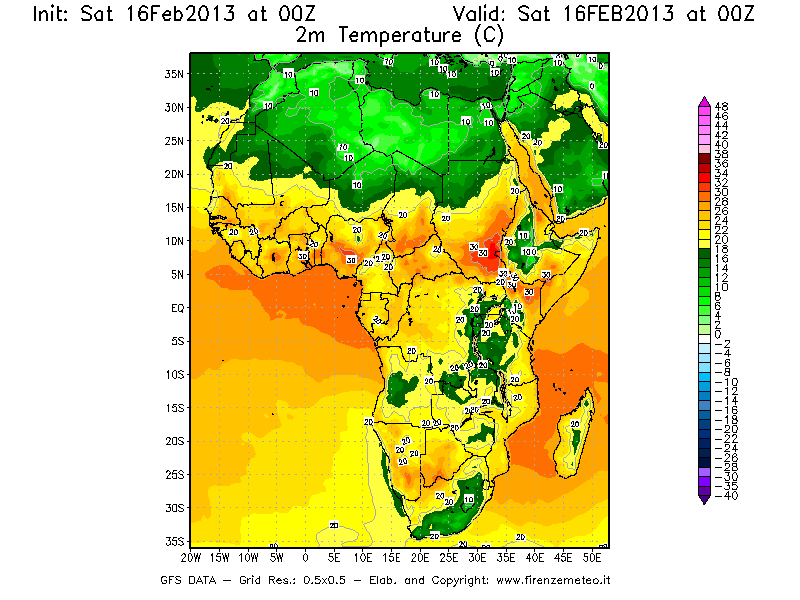 Mappa di analisi GFS - Temperatura a 2 metri dal suolo [°C] in Africa
									del 16/02/2013 00 <!--googleoff: index-->UTC<!--googleon: index-->