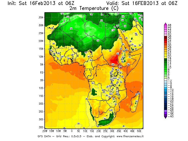 Mappa di analisi GFS - Temperatura a 2 metri dal suolo [°C] in Africa
									del 16/02/2013 06 <!--googleoff: index-->UTC<!--googleon: index-->