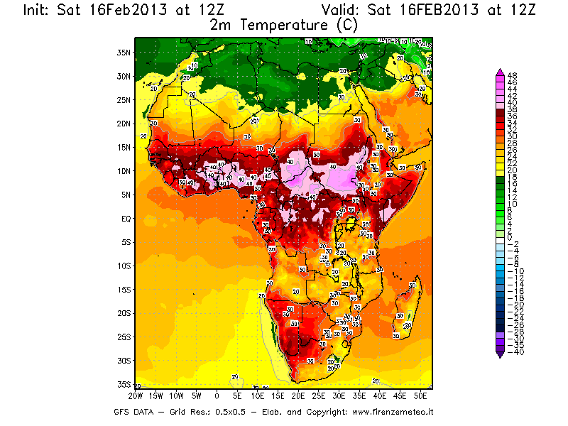 Mappa di analisi GFS - Temperatura a 2 metri dal suolo [°C] in Africa
									del 16/02/2013 12 <!--googleoff: index-->UTC<!--googleon: index-->