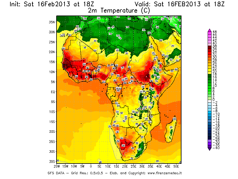 Mappa di analisi GFS - Temperatura a 2 metri dal suolo [°C] in Africa
									del 16/02/2013 18 <!--googleoff: index-->UTC<!--googleon: index-->