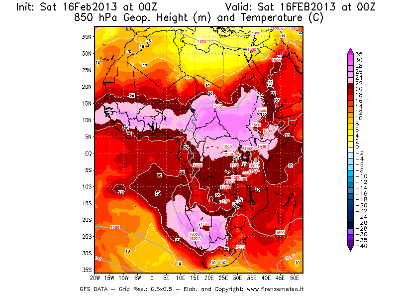 Mappa di analisi GFS - Geopotenziale [m] e Temperatura [°C] a 850 hPa in Africa
									del 16/02/2013 00 <!--googleoff: index-->UTC<!--googleon: index-->
