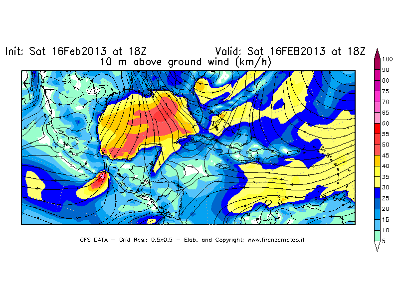 Mappa di analisi GFS - Velocità del vento a 10 metri dal suolo [km/h] in Centro-America
									del 16/02/2013 18 <!--googleoff: index-->UTC<!--googleon: index-->