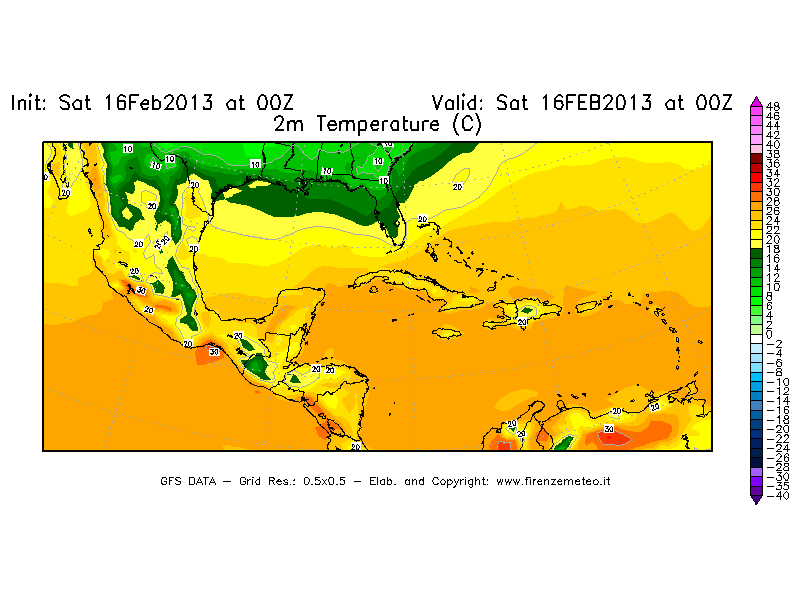 Mappa di analisi GFS - Temperatura a 2 metri dal suolo [°C] in Centro-America
									del 16/02/2013 00 <!--googleoff: index-->UTC<!--googleon: index-->