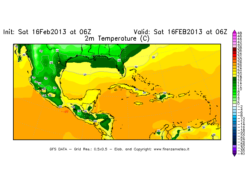 Mappa di analisi GFS - Temperatura a 2 metri dal suolo [°C] in Centro-America
									del 16/02/2013 06 <!--googleoff: index-->UTC<!--googleon: index-->