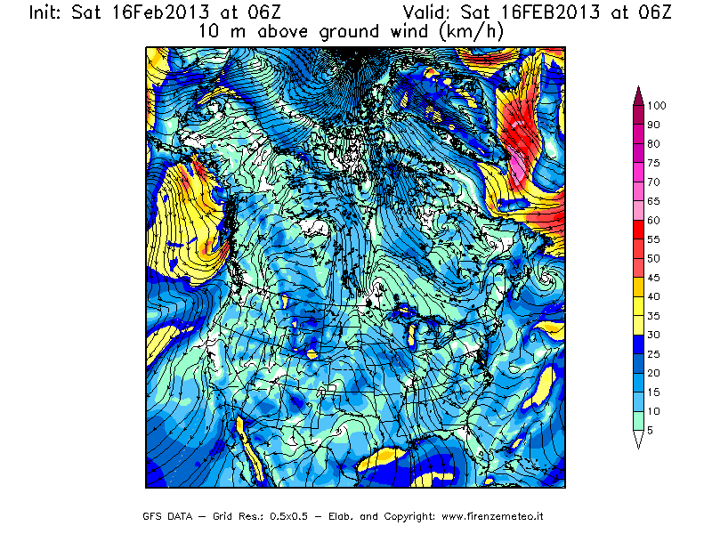 Mappa di analisi GFS - Velocità del vento a 10 metri dal suolo [km/h] in Nord-America
									del 16/02/2013 06 <!--googleoff: index-->UTC<!--googleon: index-->
