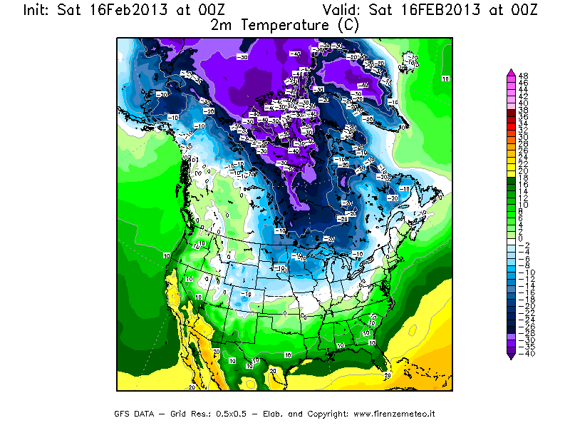 Mappa di analisi GFS - Temperatura a 2 metri dal suolo [°C] in Nord-America
									del 16/02/2013 00 <!--googleoff: index-->UTC<!--googleon: index-->