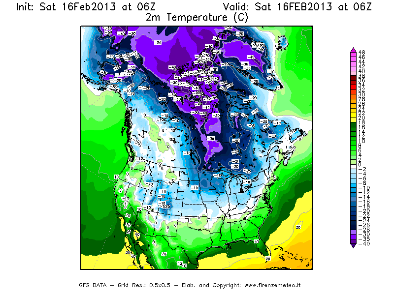 Mappa di analisi GFS - Temperatura a 2 metri dal suolo [°C] in Nord-America
									del 16/02/2013 06 <!--googleoff: index-->UTC<!--googleon: index-->