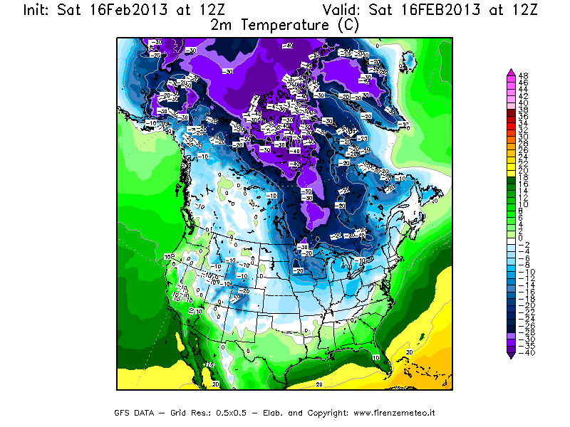 Mappa di analisi GFS - Temperatura a 2 metri dal suolo [°C] in Nord-America
									del 16/02/2013 12 <!--googleoff: index-->UTC<!--googleon: index-->