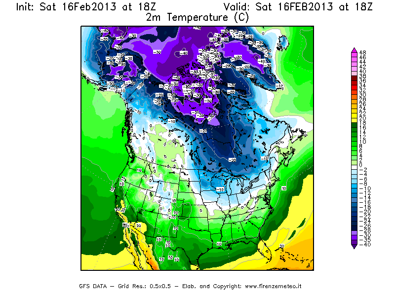 Mappa di analisi GFS - Temperatura a 2 metri dal suolo [°C] in Nord-America
									del 16/02/2013 18 <!--googleoff: index-->UTC<!--googleon: index-->