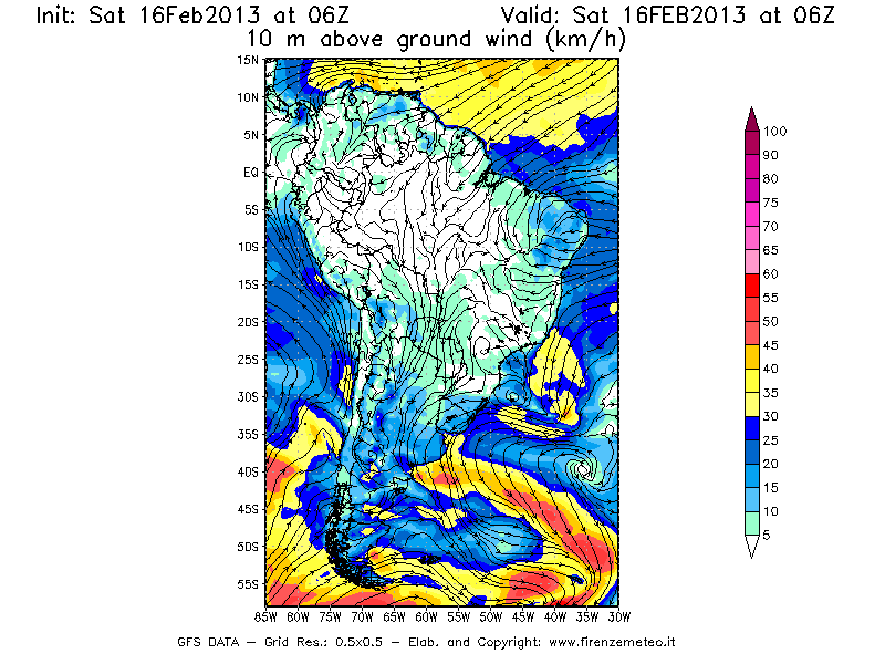 Mappa di analisi GFS - Velocità del vento a 10 metri dal suolo [km/h] in Sud-America
									del 16/02/2013 06 <!--googleoff: index-->UTC<!--googleon: index-->
