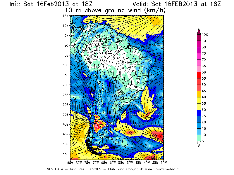 Mappa di analisi GFS - Velocità del vento a 10 metri dal suolo [km/h] in Sud-America
									del 16/02/2013 18 <!--googleoff: index-->UTC<!--googleon: index-->