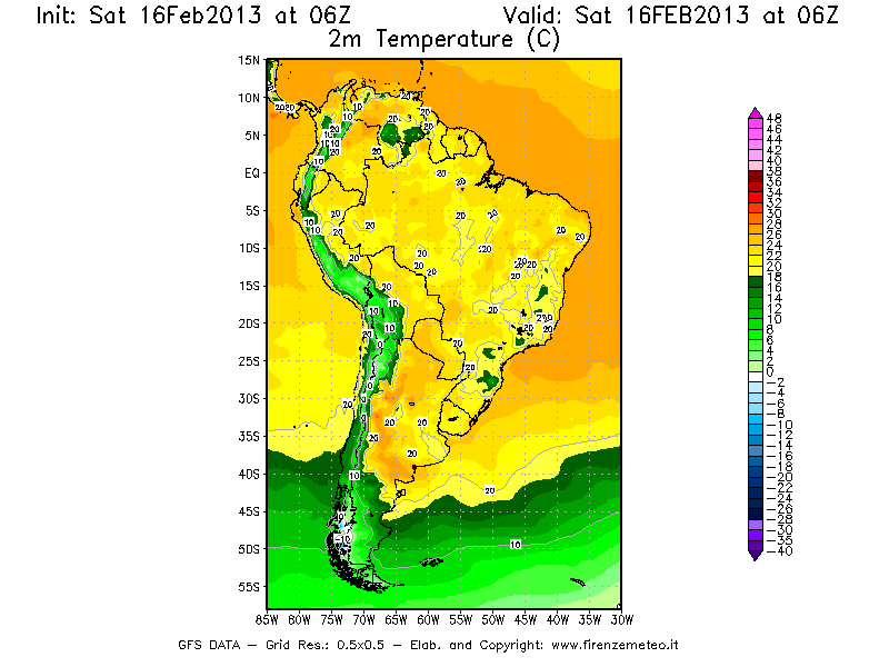 Mappa di analisi GFS - Temperatura a 2 metri dal suolo [°C] in Sud-America
									del 16/02/2013 06 <!--googleoff: index-->UTC<!--googleon: index-->