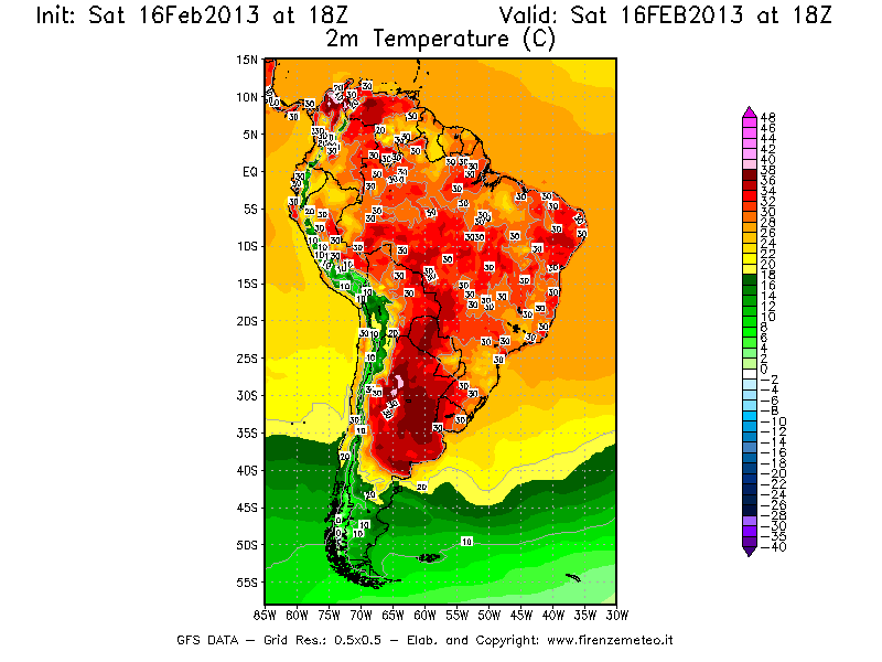 Mappa di analisi GFS - Temperatura a 2 metri dal suolo [°C] in Sud-America
									del 16/02/2013 18 <!--googleoff: index-->UTC<!--googleon: index-->
