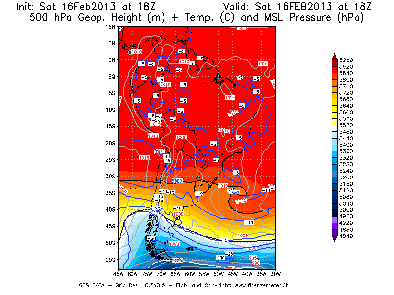 Mappa di analisi GFS - Geopotenziale [m] + Temp. [°C] a 500 hPa + Press. a livello del mare [hPa] in Sud-America
									del 16/02/2013 18 <!--googleoff: index-->UTC<!--googleon: index-->