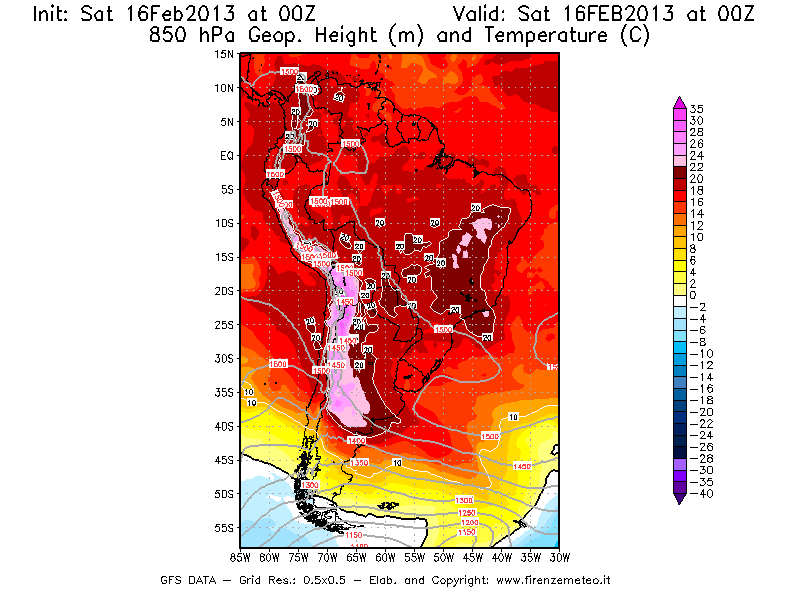 Mappa di analisi GFS - Geopotenziale [m] e Temperatura [°C] a 850 hPa in Sud-America
									del 16/02/2013 00 <!--googleoff: index-->UTC<!--googleon: index-->