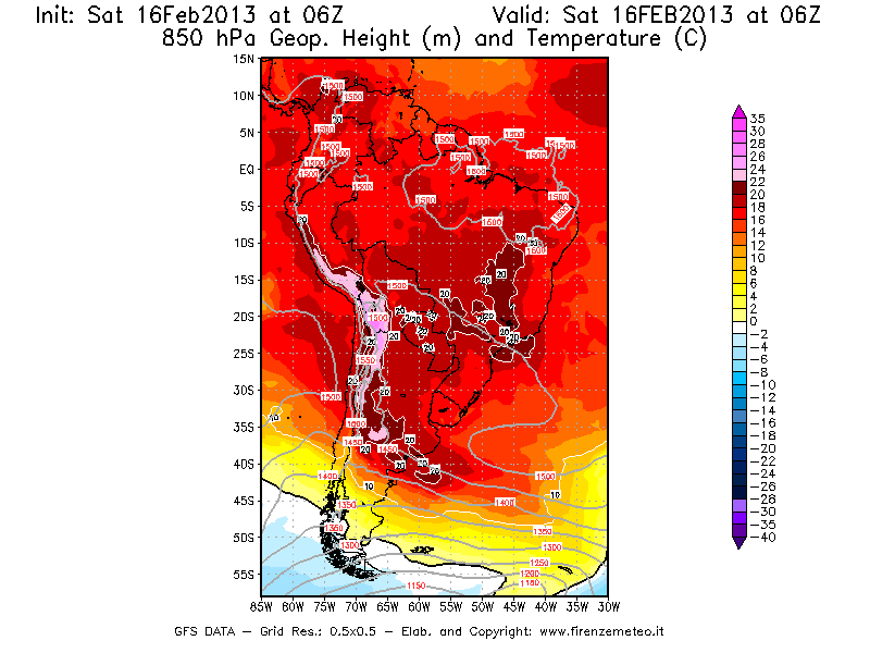 Mappa di analisi GFS - Geopotenziale [m] e Temperatura [°C] a 850 hPa in Sud-America
									del 16/02/2013 06 <!--googleoff: index-->UTC<!--googleon: index-->
