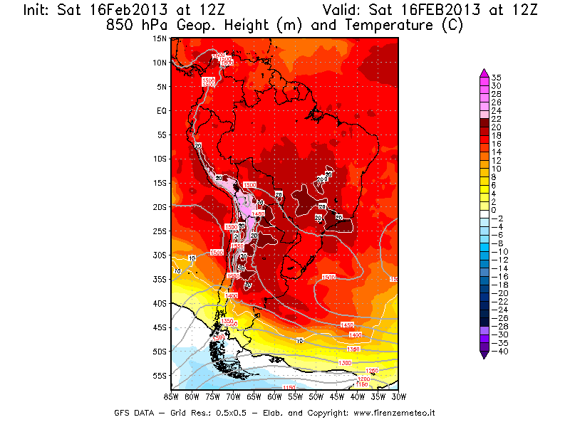 Mappa di analisi GFS - Geopotenziale [m] e Temperatura [°C] a 850 hPa in Sud-America
									del 16/02/2013 12 <!--googleoff: index-->UTC<!--googleon: index-->