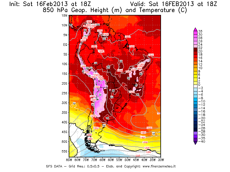 Mappa di analisi GFS - Geopotenziale [m] e Temperatura [°C] a 850 hPa in Sud-America
									del 16/02/2013 18 <!--googleoff: index-->UTC<!--googleon: index-->