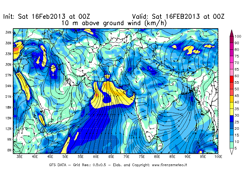 Mappa di analisi GFS - Velocità del vento a 10 metri dal suolo [km/h] in Asia Sud-Occidentale
									del 16/02/2013 00 <!--googleoff: index-->UTC<!--googleon: index-->