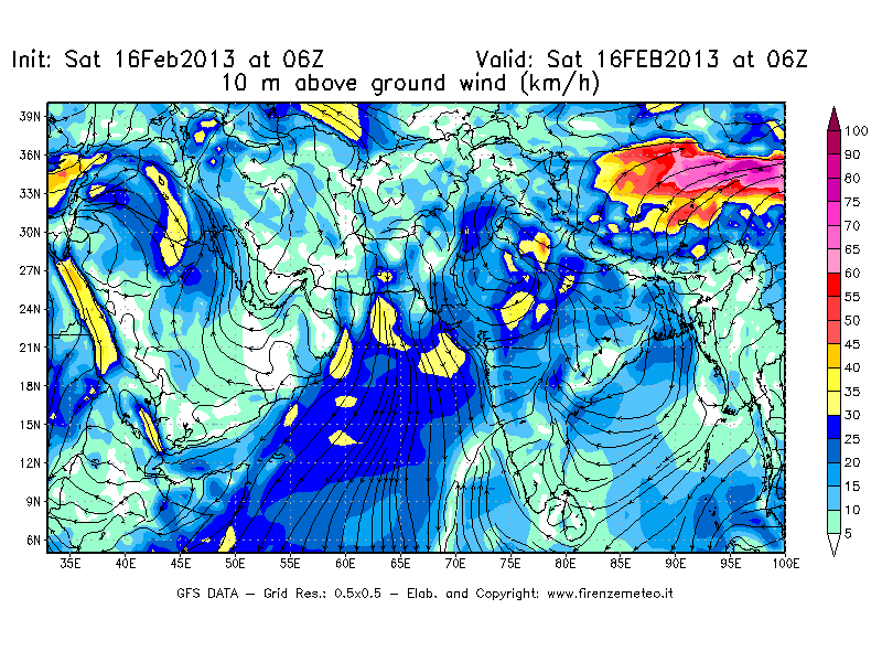 Mappa di analisi GFS - Velocità del vento a 10 metri dal suolo [km/h] in Asia Sud-Occidentale
									del 16/02/2013 06 <!--googleoff: index-->UTC<!--googleon: index-->