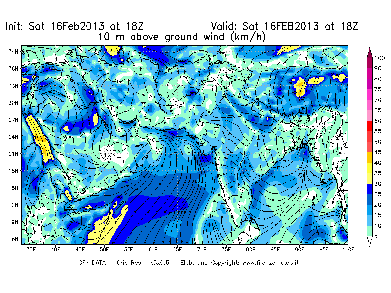 Mappa di analisi GFS - Velocità del vento a 10 metri dal suolo [km/h] in Asia Sud-Occidentale
									del 16/02/2013 18 <!--googleoff: index-->UTC<!--googleon: index-->