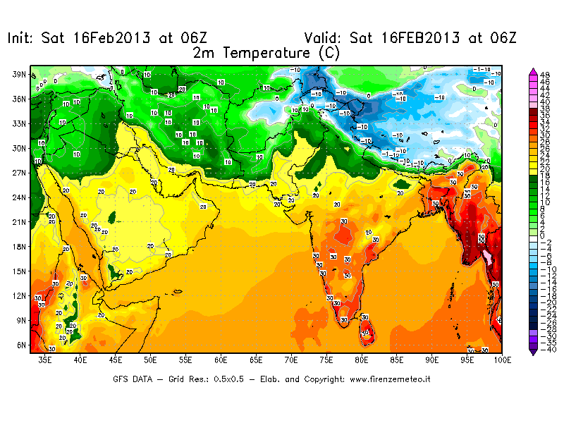 Mappa di analisi GFS - Temperatura a 2 metri dal suolo [°C] in Asia Sud-Occidentale
									del 16/02/2013 06 <!--googleoff: index-->UTC<!--googleon: index-->