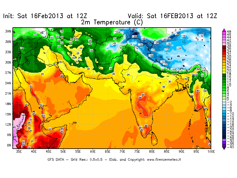 Mappa di analisi GFS - Temperatura a 2 metri dal suolo [°C] in Asia Sud-Occidentale
									del 16/02/2013 12 <!--googleoff: index-->UTC<!--googleon: index-->