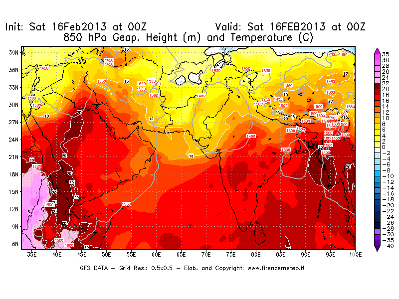 Mappa di analisi GFS - Geopotenziale [m] e Temperatura [°C] a 850 hPa in Asia Sud-Occidentale
									del 16/02/2013 00 <!--googleoff: index-->UTC<!--googleon: index-->