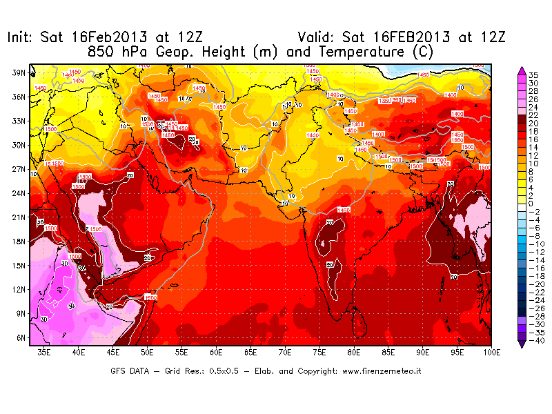 Mappa di analisi GFS - Geopotenziale [m] e Temperatura [°C] a 850 hPa in Asia Sud-Occidentale
									del 16/02/2013 12 <!--googleoff: index-->UTC<!--googleon: index-->