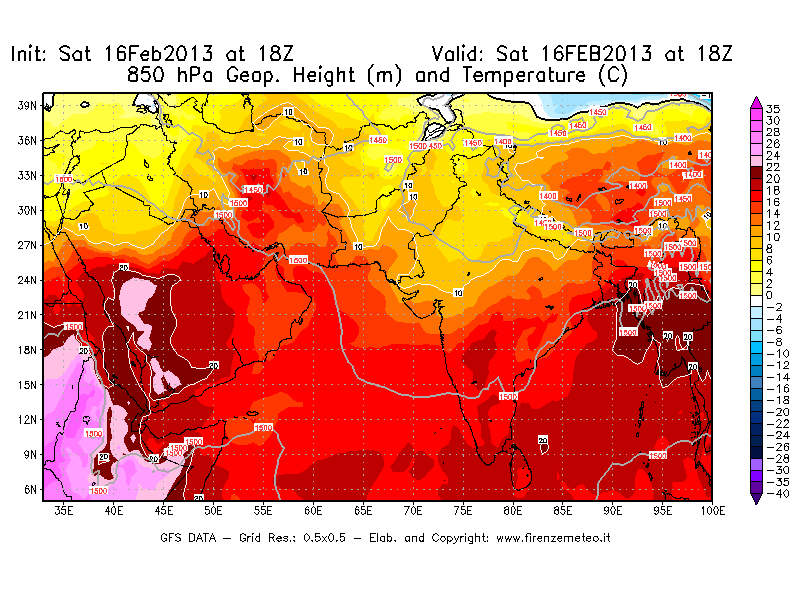 Mappa di analisi GFS - Geopotenziale [m] e Temperatura [°C] a 850 hPa in Asia Sud-Occidentale
									del 16/02/2013 18 <!--googleoff: index-->UTC<!--googleon: index-->